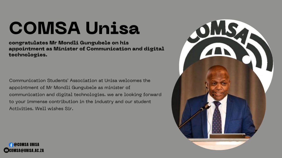 comsaunisa's tweet photo. @MondliGungubel_  Congratulations Sir.  We are looking forward to hosting you on our programs for communication and public relations students This Year as we celebrate Unisa's 150 years themed Reclaiming Africa's intellectual Futures. Lead well.💙 
#150Years 
#cabinetreshuffle https://t.co/6eQxkvlGI4