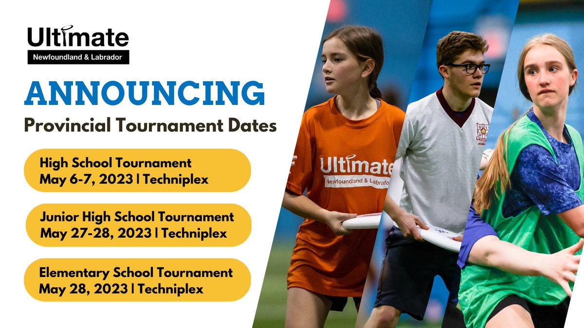 NL_ULTIMATE's tweet photo. ANNOUNCEMENT! 2023 Ultimate NL Provincial tournament dates set for May!
Interested @NLESDCA schools are asked to contact Hilary.
More information can be found here: https://t.co/R2KjJKaU5m
Thank you #vscnl for your support with this event! https://t.co/Om93ngHt2N