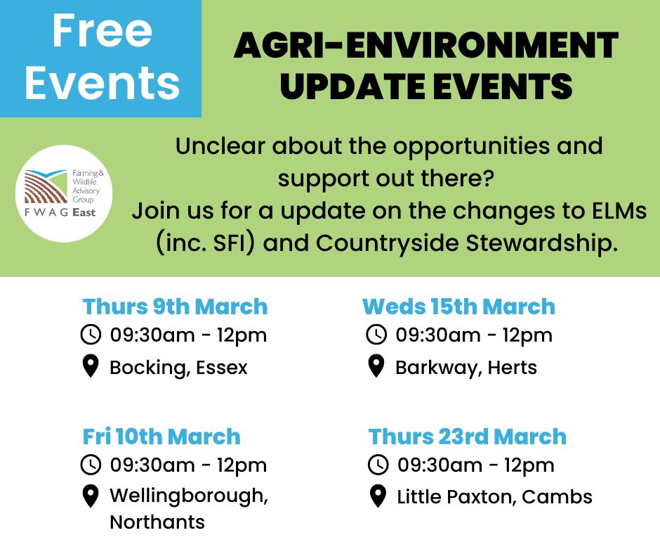 Unclear about the changes to Countryside Stewardship and ELMs? This is your chance to get answers to your burning questions.

Join us for a series of FREE events cutting through the confusion. fwageast.org.uk/ourevents

@NFUEastAnglia @NFUBedsHunts @NFUHerts @CLAEast @NE_WestAnglia