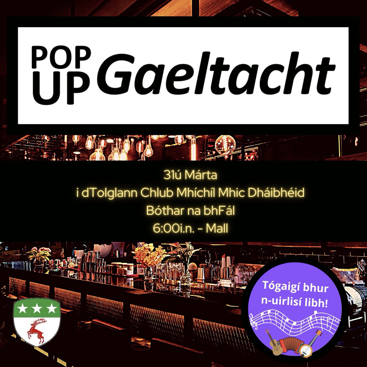 Fáilte roimh chách chuig ár gcéad Pop Up Gaeltacht! Bígí linn Dé hAoine 31ú Márta d’oíche lán de chraic, ceol agus Gaeilge! Welcome all to our very first Pop Up Gaeltacht! Join us on Friday 31st March for a night full of craic, music and Gaeilge! @Davitts1912