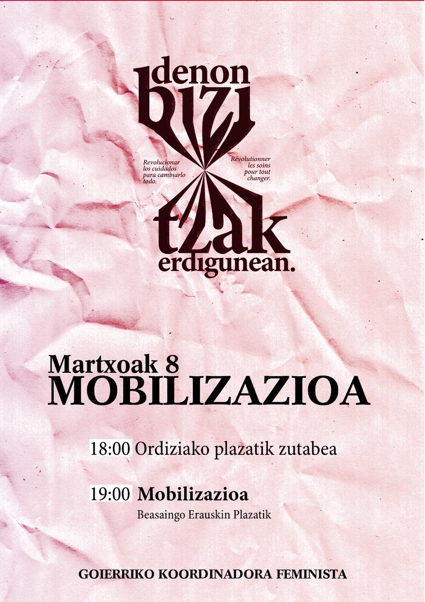 🟣 M8 • MOBILIZAZIOA 🟣

Bihar denon bizi baldintzak erdigunean jartzeko aldarriarekin kaleak hartuko ditugu!

18:00 Ordiziako plazatik zutabea Beasaina
19:00 MOBILIZAZIOA Beasaingo Erauskin plazatik

#GoraBorrokaFeminista
#DenonBizitzakErdigunean