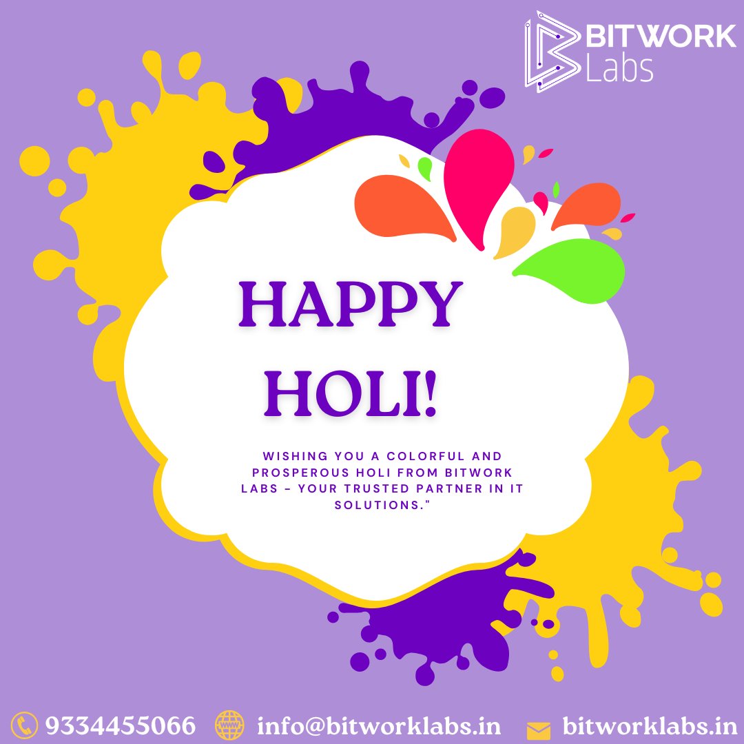 BitworkLabs's tweet image. &quot;May the vibrant colors of Holi fill your life with joy and happiness! Wishing you a prosperous Holi from Bitwork Labs - Your trusted partner in IT solutions.&quot;
Visit@ bitworklabs.in 
#Holi #FestivalofColors #Celebration #joy #Bitworklabs #ITcompany #softwaredevelopment