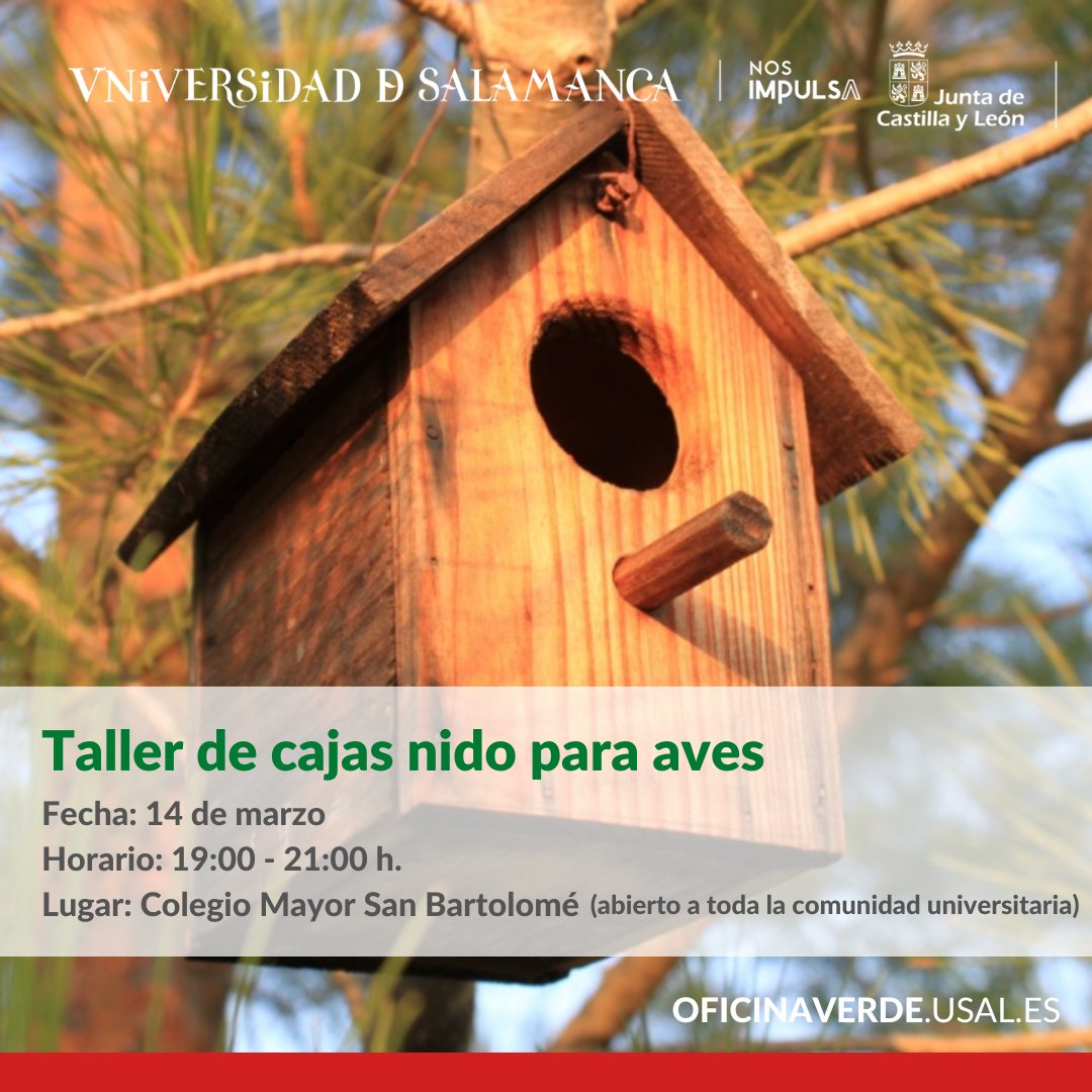 Oficina Verde USAL (@oficinaverde) on Twitter photo 🐦La primavera ya casi está aquí y tenemos que favorecer que las aves vengan a nuestros Campus universitarios ¿Te animas a realizar cajas nido para los Colegios Mayores de la <a href="/usal/">Universidad de Salamanca</a>? Tienes una cita el próximo 14 de marzo en el <a href="/cm_sanbartolome/">Colegio Mayor San Bartolomé</a>
Inscríbete: eventos.usal.es/96409/detail/t… 🐦La primavera ya casi está aquí y tenemos que favorecer que las aves vengan a nuestros Campus universitarios ¿Te animas a realizar cajas nido para los Colegios Mayores de la <a href="/usal/">Universidad de Salamanca</a>? Tienes una cita el próximo 14 de marzo en el <a href="/cm_sanbartolome/">Colegio Mayor San Bartolomé</a>
Inscríbete: eventos.usal.es/96409/detail/t…