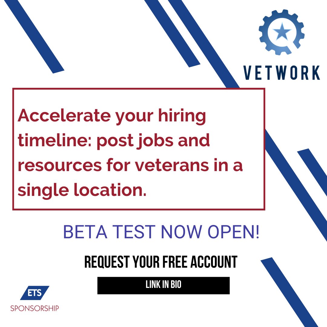 ETSSponsorship's tweet photo. Attention Employers! Get your free Vetwork Beta Test account today and connect directly with service members BEFORE they leave the military. The enrollment link is in our bio. Vetwork is a part of the ETS-Sponsorship program and is open to all employers. #Vetwork #ETSSponsorship https://t.co/mtJjwGMF7X