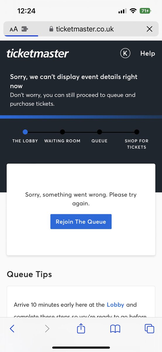 KimAMWatkin's tweet photo. @Ticketmaster are you joking me!!!! I was in the queue everything was going so well. It then says we are letting you into the shop then this comes up!! How is this fair???? https://t.co/GacnOmiJRV