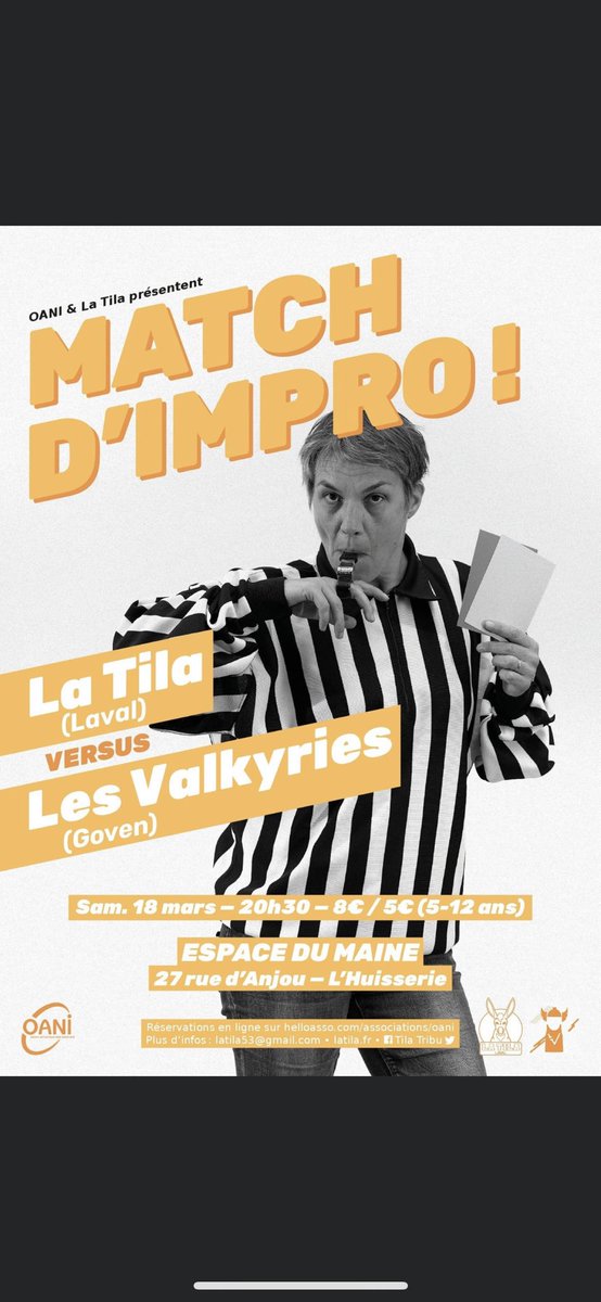 Un match le 18 mars à l’huisserie en Mayenne à 20h30 et un atelier d’improvisation de 16h00 à 18h00, kesstuvzuxd’mieux ?  Renseignements et resas 👉🏽 helloasso.com/associations/o… #matchdimpro #theatredimpro #tila