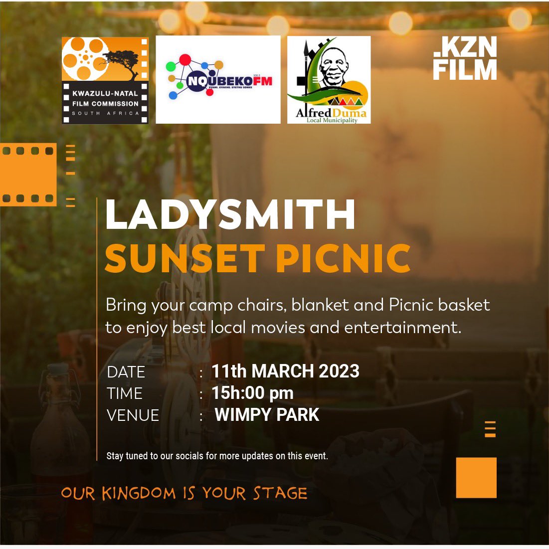 FilmInKZN's tweet photo. 036 area code!! Get ready to join us #KZNFilm at the Ladysmith Sunset Picnic Screening this Saturday 11 March 2023. Starting at 15H:00 the KwaZulu-Natal Film Commission will be showcasing local films of love, life and lessons. https://t.co/yz1bGMwn2d
