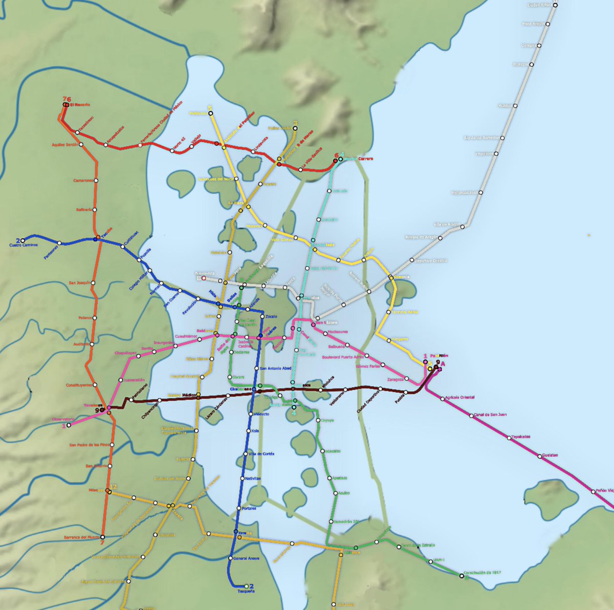 Mexico City's metro system overlayed the former lake of Texcoco. The  largest island at the center is where the Aztec capital of Tenochtitlan  once stood. https://t.co/dMmMsD4BmQ #MapPorn, image size:1200x1193