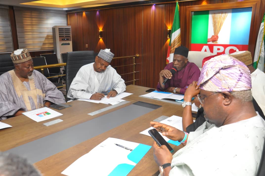 OfficialAPCNg's tweet photo. Ahead of the Saturday, 11th March 2023 Governorship and State Assembly Elections, the National Chairman, Sen. Abdullahi Adamu alongside members of the National Working Committee met with the Party's Governors and other flag bearers at the National Secretariat, in Abuja. https://t.co/wNIKqXunnY