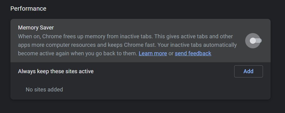 DigiZx's tweet image. Twitch didn&apos;t do anything to viewer counts BUT Chrome did! they just added this setting called &quot;memory saver&quot; which puts inactive tabs to sleep make sure you have it checked off if you want your lurk to count! That&apos;s all no forced chatting or anything. Chrome Settings&amp;gt;Performance