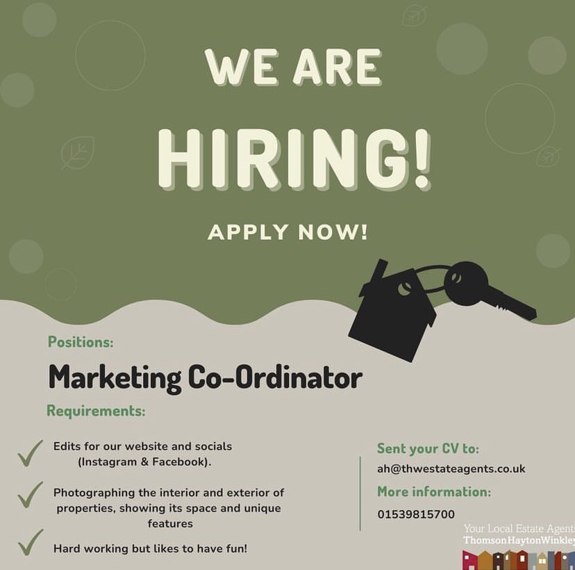 Interested in joining our team, and have a passion for all things marketing and property? 
Then we would love to hear from you! 

Please contact Angela Horn for more details! 

#Hiring #Joinus! #Team #Marketingcoordinator #Sales #Lettings #estateagency