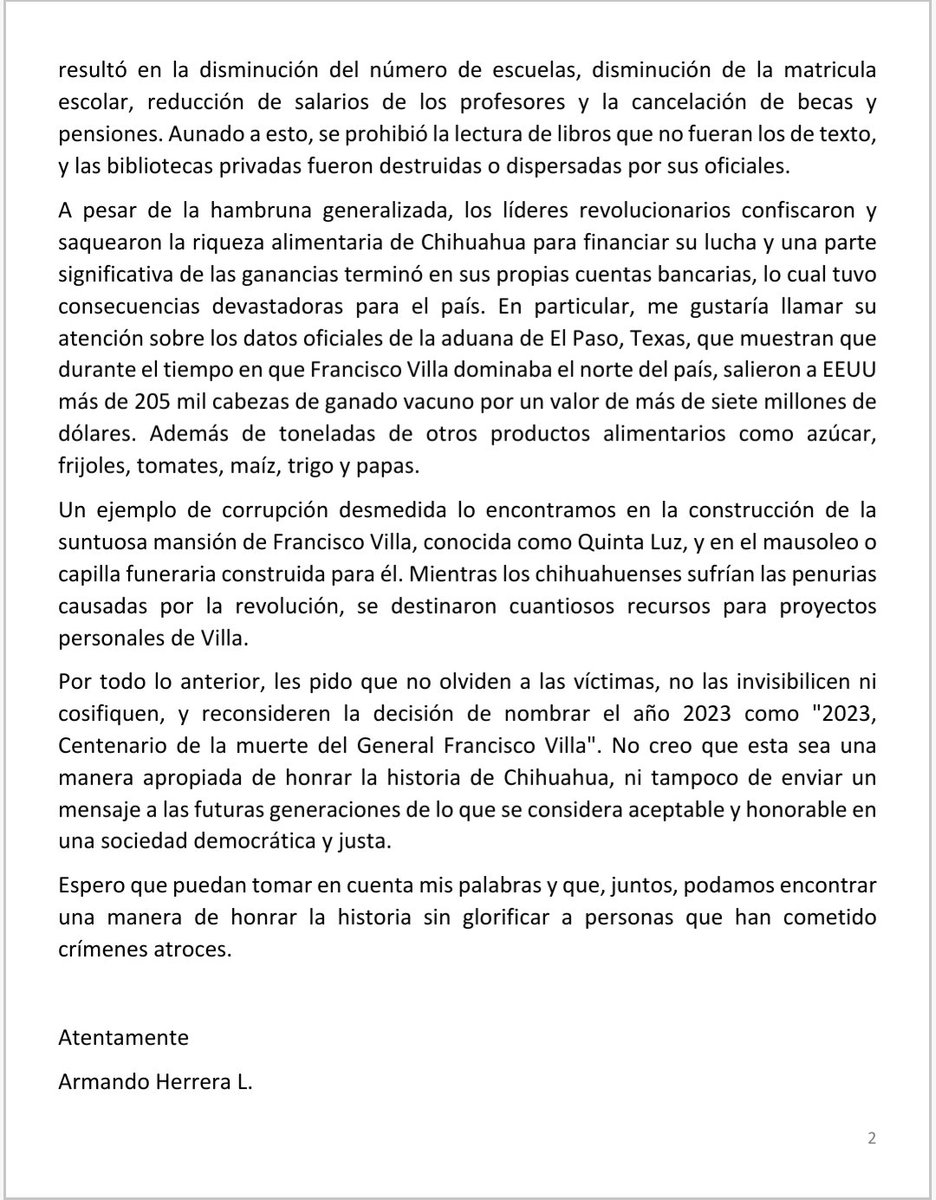 armandoextremo's tweet photo. Carta a diputadas y diputados de Chihuahua.
Francisco Villa cometió masacres, violaciones y crueldad extrema, redujo el presupuesto educativo, confiscó la riqueza alimentaria y se enriqueció a costa del pueblo. Honrar su memoria y olvidar a las víctimas no es apropiado ni justo. https://t.co/2tdcSVHMt3