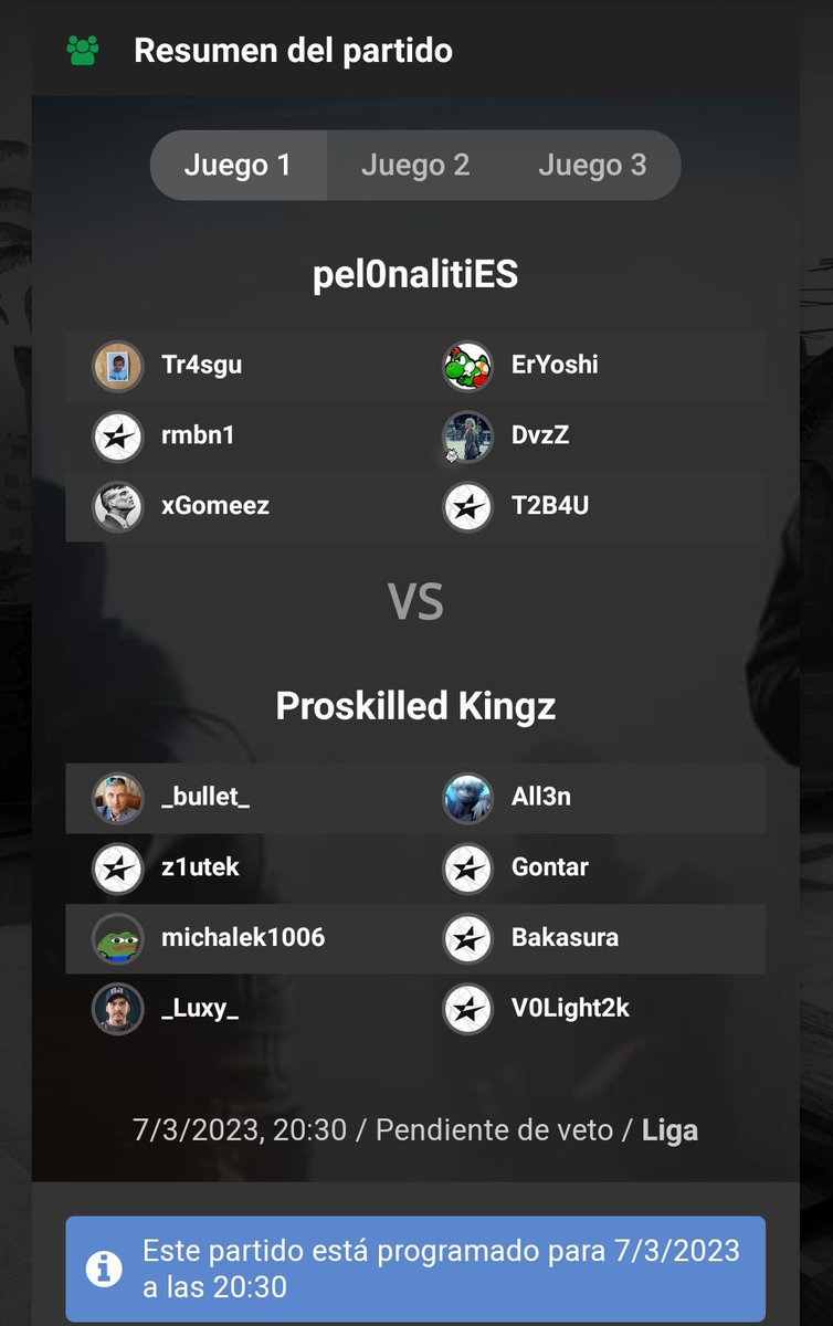 <a href="/pel0nalitiES/">Pel0nalitiES</a> en PO, os deseo el ascenso. ¡Podéis conseguirlo!

Queremos otro equipo en Main 🙏

Me confirmáis que jugáis hoy definitivame o hay intención de moverlo?
<a href="/javi28gp/">Patxuli</a> @_DvzZ_ <a href="/TubauCSGO/">Tubau</a> <a href="/ErYoshiCS/">ErYoshi🖤💙</a> <a href="/xGomeez97/">Gomeez</a> <a href="/rmbn12/">rmbn1</a>