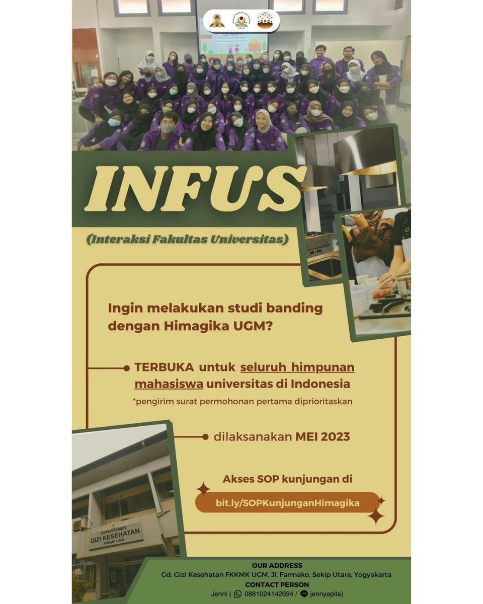 HimagikaUGM's tweet photo. [✨INFUS 2023✨]

Halo teman-teman mahasiswa di seluruh Indonesia!! 
Kami dari Hubungan Luar Himagika UGM punya kabar menggembirakan nihh 🥳

Himagika UGM membuka kesempatan kunjungan dan studi banding dalam acara Interaksi Fakultas Universitas (INFUS) 2023! https://t.co/iascQ5PtE0