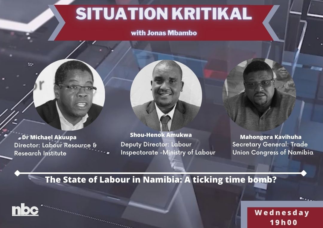 WATCH | Join Jonas Mbambo on Situation Kritikal to discuss "The State of Labor in Namibia" with Dr. Michael Akuupa, Shou-Henok Amukwa, and Mahongora Kavihuha on Wednesday from 19h00 to 20h00.

#NBCNews #nbcDSTV282 #nbcdigitalnews #nbcgotv91