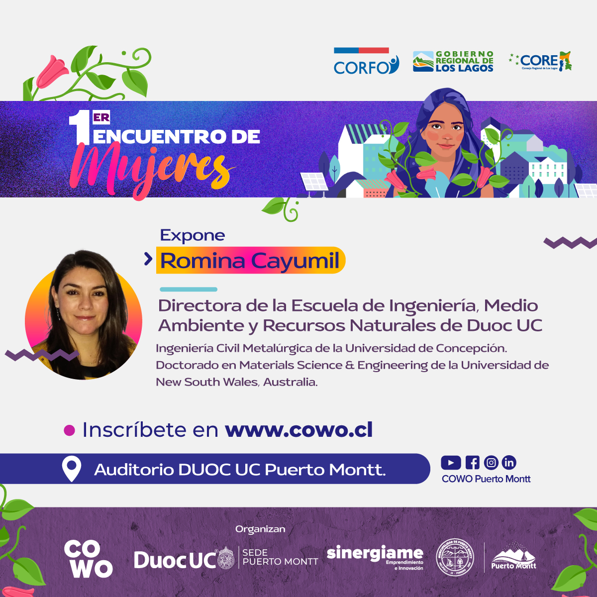 Cowo_pm's tweet image. #PuertoMontt Conoce a nuestras expositoras power. Este 8M desde las 09:30 hrs, Ximena Navarro, Marcela Bravo, Romina Cayumil y Carolina Ojeda nos darán a conocer su experiencia en las áreas de gestión, investigación, innovación y tecnología. Inscríbete en cowo.cl/cartelera