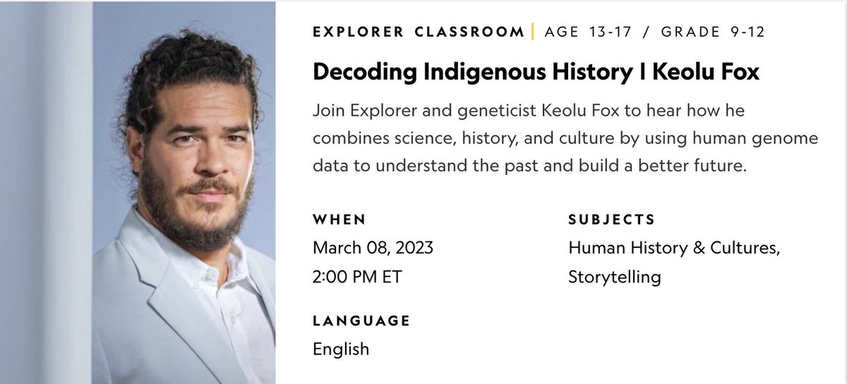 KipHottman's tweet image. .@NatGeoEducation OPPORTUNITY:

Don&apos;t miss @InsideNatGeo Explorer &amp;amp; native Hawaiian @KeoluFox tomorrow (3/8) @ 2 pm EST for his #ExplorerClassroom event titled &quot;Decoding Indigenous History&quot;. 

Dr. Fox is an AMAZING human being! ♥️ #HSTF #ExplorerMindset