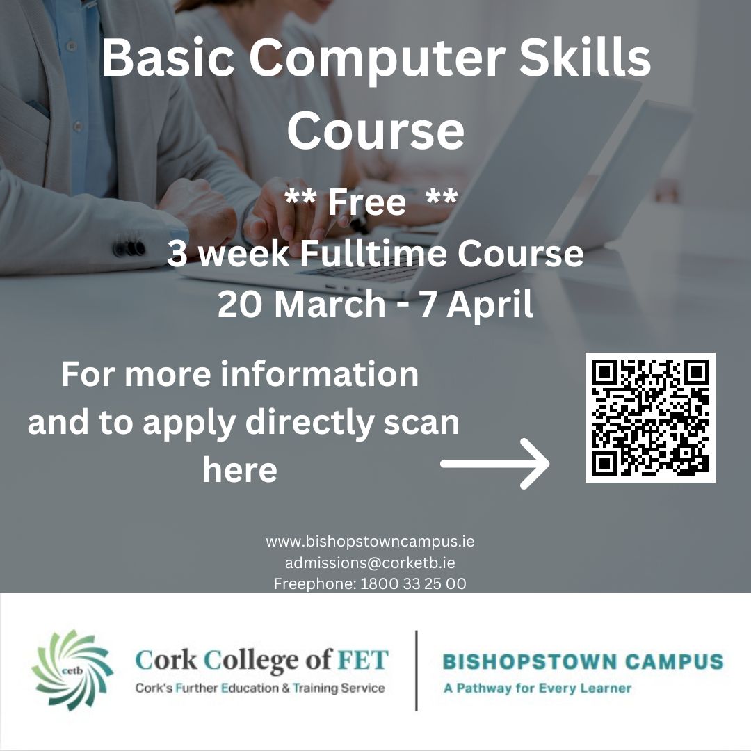 FETBishopstown's tweet image. Applications now open for this FREE 3 week Basic Computer Course here at Bishopstown Campus.  #thisisfet #corketb #computerskills #freecourse