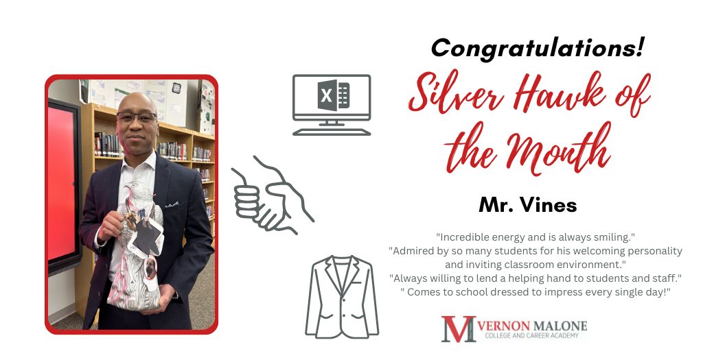 Congratulations to our Silver Hawk of the Month - Mr. Vines! @wcpssmagnets @SEasternArea @WCPSS_CTE 💻💻💻