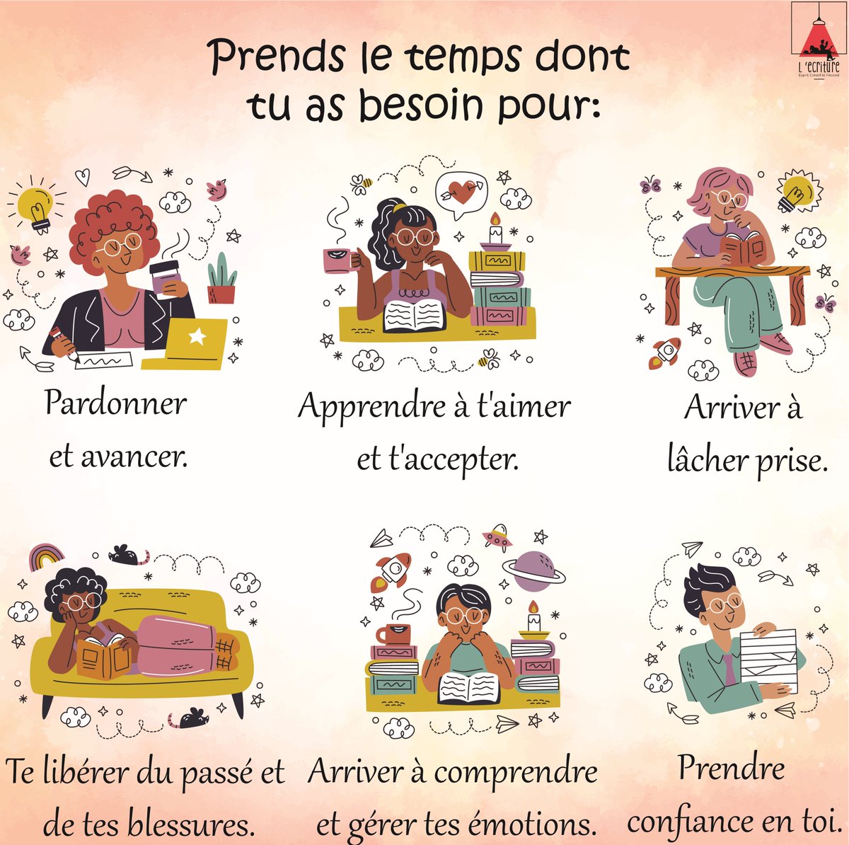 Ecriture2's tweet photo. Détends-toi, prends du temps pour toi, et permets-toi des pauses. Consacre-toi à tes occupations préférées, et retrouve ta joie de vivre. https://t.co/oGQQORzhTU
