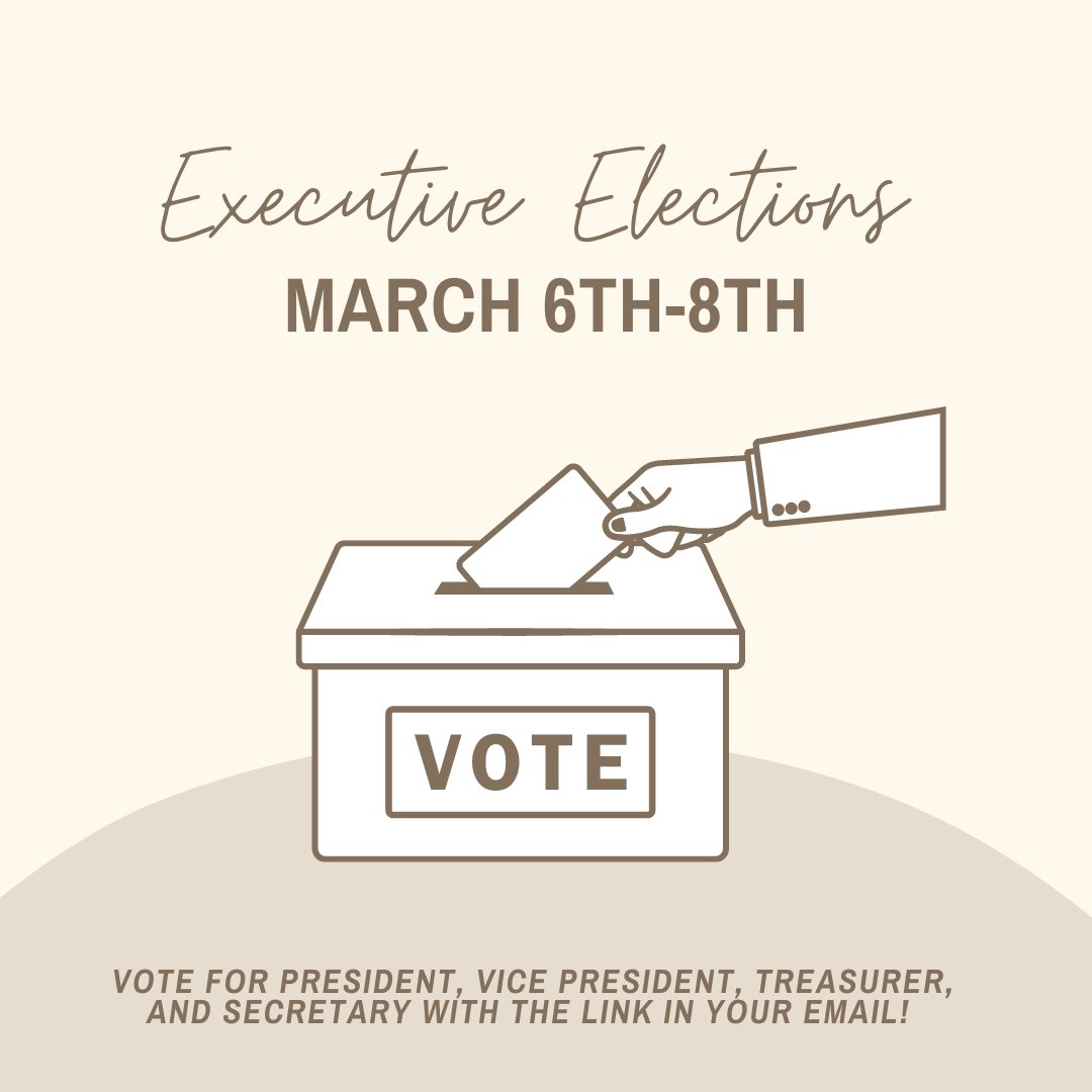 Executive Elections have begun! Make sure you check your MU email to vote for the 2023-2024 Executive Board's President, Vice President, Secretary, and Treasurer!