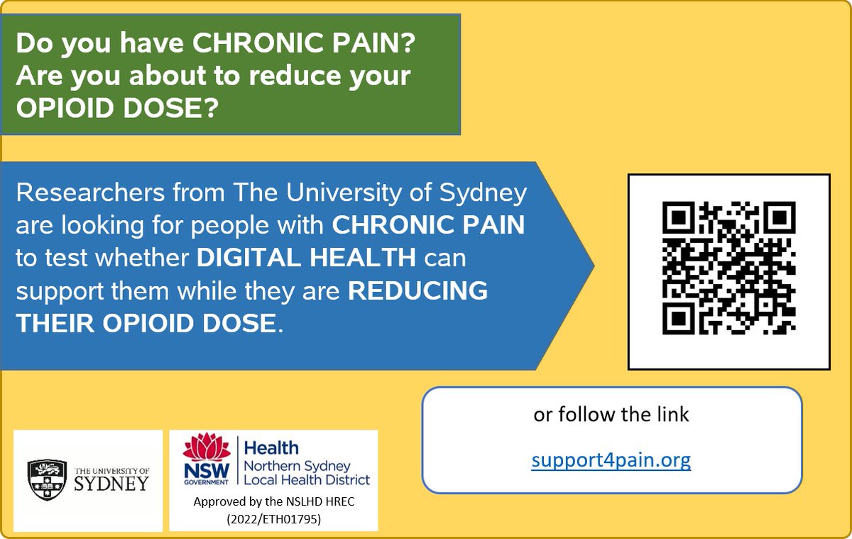 Support4Pain is an innovative clinical trial using #DigitalHealth to support people with #ChronicPain while reducing #opioid dose. Participants can enrol from anywhere in Australia. Learn how you can be a part of this groundbreaking study at support4pain.org!