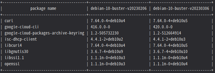 minimum2scp's tweet photo. GCE の debian-10, debian-11 イメージファミリーの更新 (debian-11-bullseye-v20230306, debian-10-buster-v20230306) が来てたのでパッケージの更新チェック。 https://t.co/GxxCcEM2rH