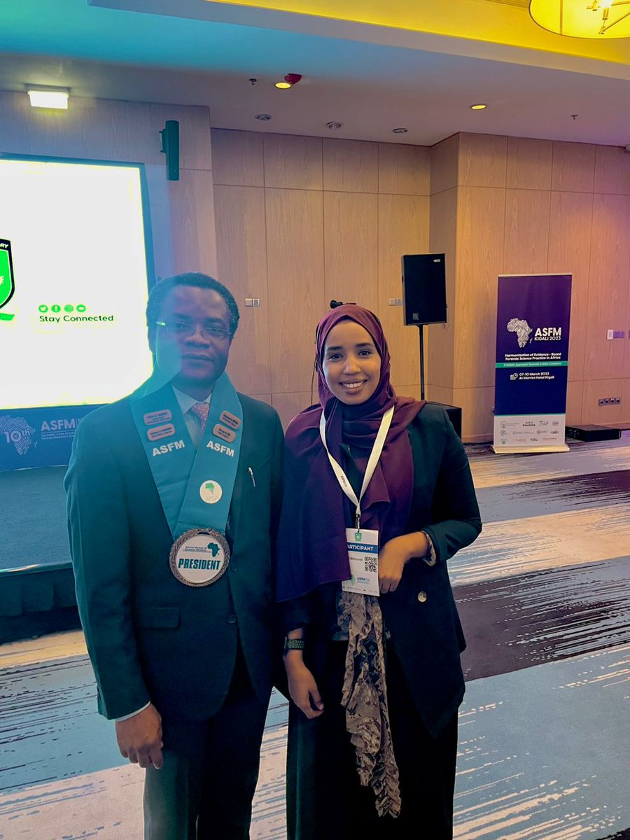 BureauForensics's tweet photo. Our @BurueauForesnics scientist Amal Abshir (MSc) @Amalabshr is representing Somalia at #ASFM2023 In Kigali, Rwanda. The conference attracted excellent scientists &amp; Amal was able to meet the President of ASFS  @ForensicsAfrica Prof. Uomo Eze, Dr. Bruce Budowle &amp; @stephenfonseca7. https://t.co/5seAldbs5N