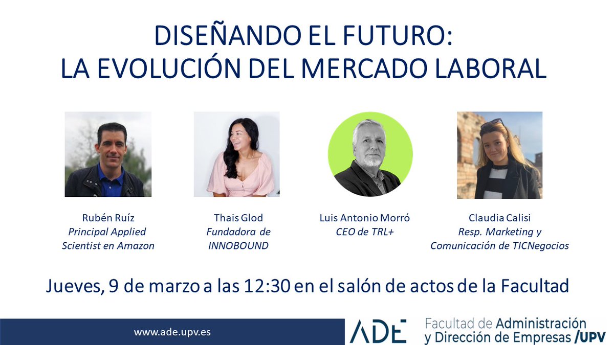 📆Este jueves 9 de marzo tenemos una mesa redonda titulada "Diseñando el futuro: La evolución del mercado laboral". 

⏰ Será a las 12:30 horas en el salón de actos de la Facultad.

🌐Para inscribirse, hay que apuntarse en este enlace:  forms.gle/AZ7gHGS72LmwVd…