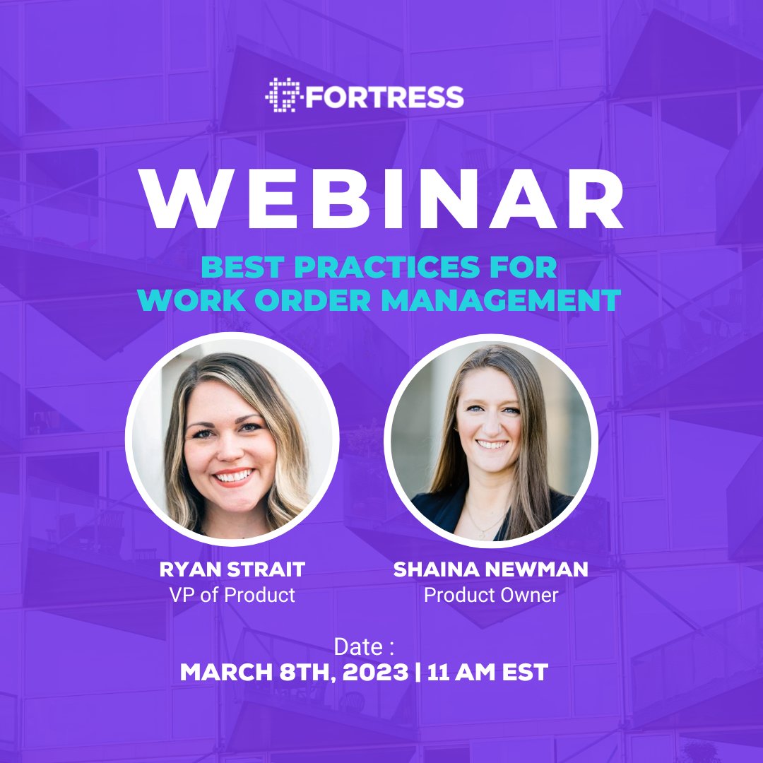 getfortress's tweet image. Make sure you register for our Webinar tomorrow March 8th at 11am EST where VP of Product Ryan Strait and Product Owner Shaina Newman will share the best practices for work order management.

bit.ly/3KQj3ee

#FortressPropTech #Webinar #PropertyManagementSoftware