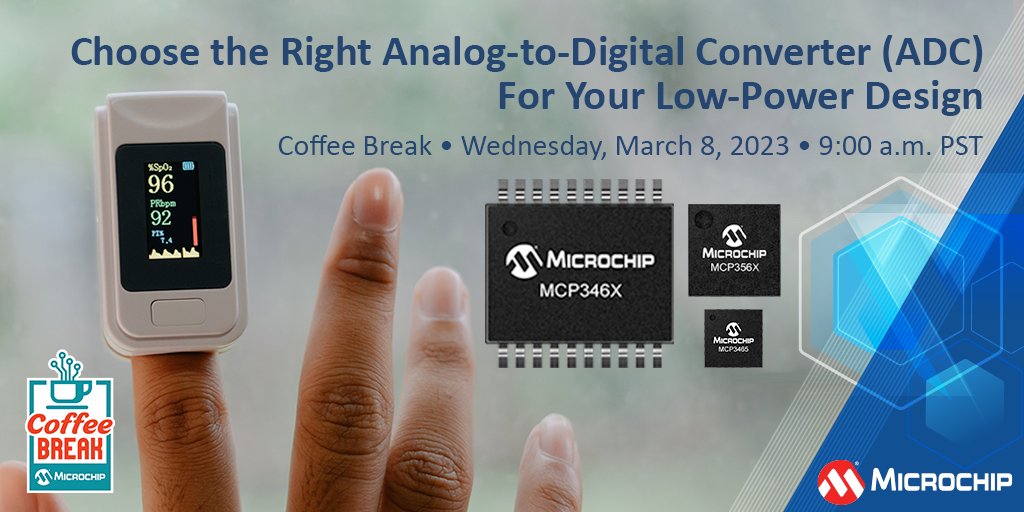 Learn about our ultra-small, accurate, flexible and easy-to-use ADC product solutions to meet your application requirements. Join us for Coffee Break on Wednesday, March 8, 2023 at 9:00 a.m. PST: mchp.us/3lZDhry. #analog #digital #converter #lowpower #precision