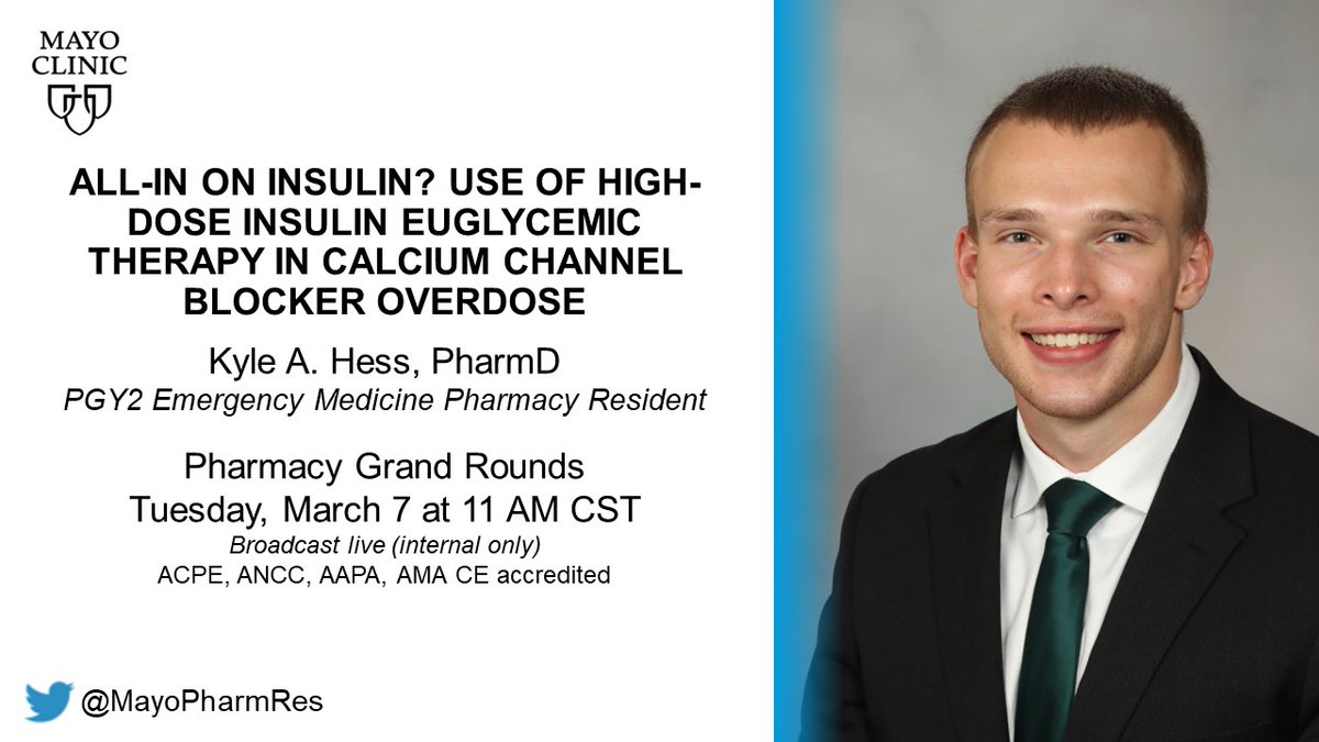 In today's Pharmacy Grand Rounds, @MayoClinic @KyleHessPharmD discusses high-dose insulin in CCB overdose. #TwitteRx @accpemedprn @MayoClinicEM Subscribe to our PGR Podcast at mayocl.in/3YqsTXo