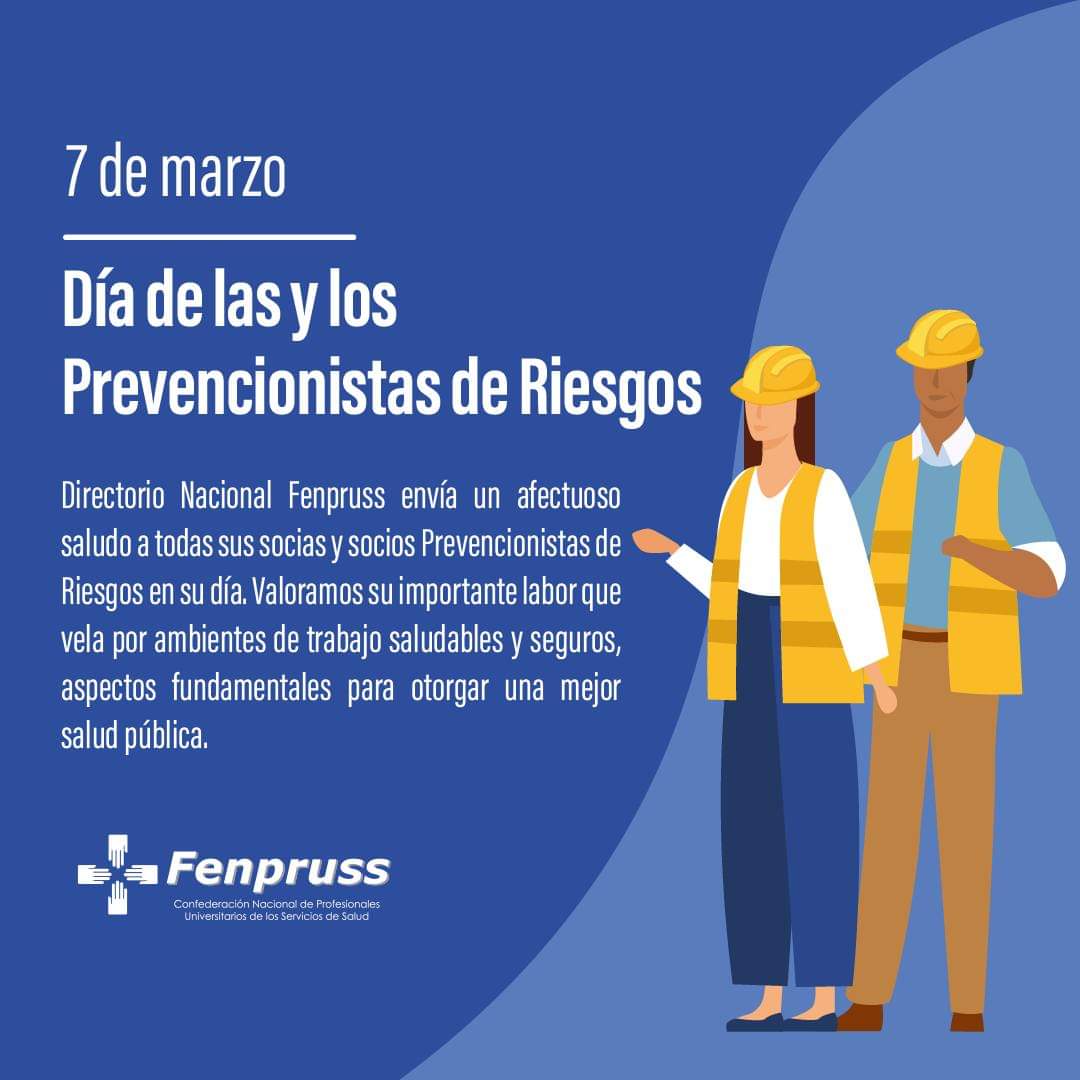 #DíaDelPrevencionistaDeRiesgos 🔵 Desde Fenpruss saludamos afectuosamente a las y los Prevencionistas de Riesgos en su día, especialmente a nuestros socios y socias. ¡Muchas gracias por su labor! 😊