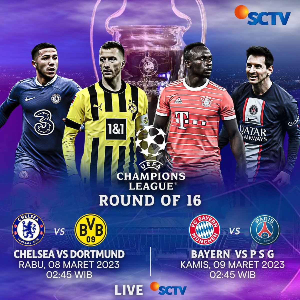 SCTV's tweet photo. Leg ke-2 babak 16 besar #UEFAChampionsLeague akan segera dimulai.
Saksikan duel @ChelseaFC vs @BlackYellow, Dini hari nanti pukul 02.45 WIB
Serta @FCBayernEN vs @PSG_English, Kamis, 9 Maret 2023, pukul 02.45 WIB
Saksikan hanya di sctv serta @vidio yaa.
#SCTVSports
#UCLSCTV https://t.co/ngabaxUduu