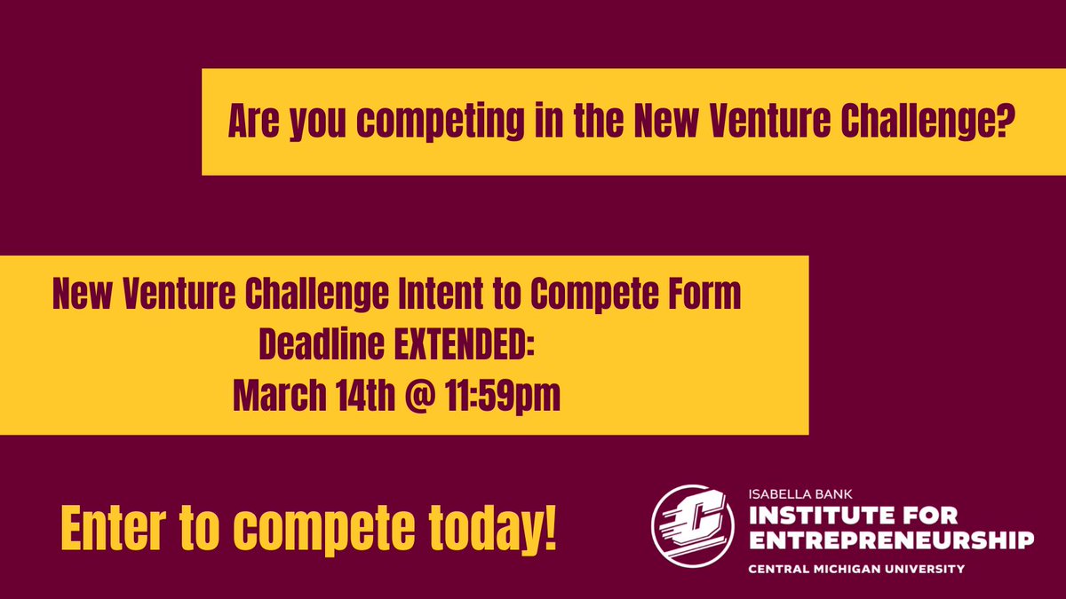 Good news! The Intent to Compete form deadline for the New Venture Challenge has been extended! Enter to compete today! pulse.ly/5haqbe1zn6