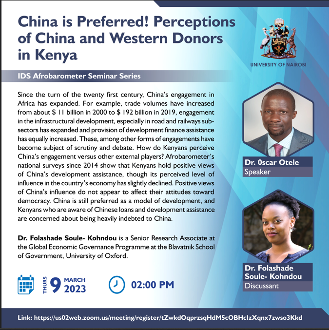What are Kenyans' views on China's development assistance? 
Join our experts @Oscar_Otele @folasoule for this discussion on Thursday 9 March at 2:00pm EAT
Link▶️us02web.zoom.us/meeting/regist…
@IDS_UONBI #IDSUoNResearch #IsChinaPreffered
@AfricaAtLSE @AfricaProg @IndustryKE @CFR_org