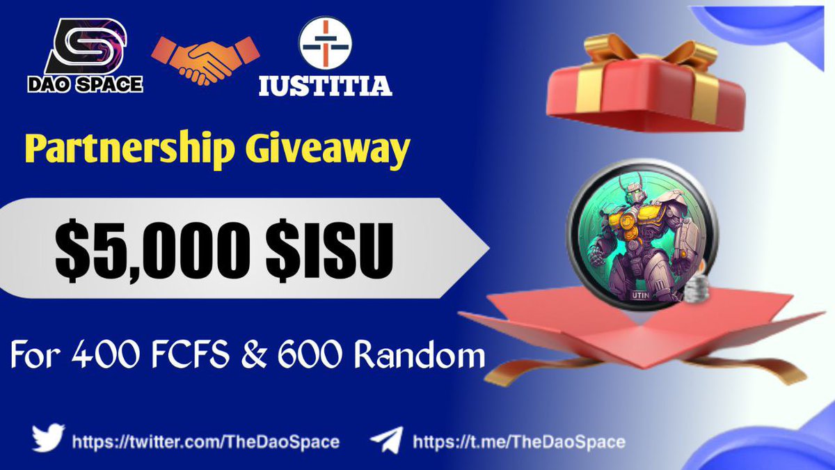 DAO Space (@thedaospace) on Twitter photo 🎉 DAO Space X Iustitia #partnership Giveaway
🤑Rewards: $5,000 Worth $IUS
#FCFS Big #Airdrop
To Enter ⤵️
➡️Follow
<a href="/TheDaoSpace/">DAO Space </a>
&
<a href="/IustitiaCoin/">Iustitia Coin</a>
➡️Like, RT & Tag 3 Friend
➡️Finish Task: giv.gg/dao-space-x-iu…
⏱12th March
#Giveaways #Airdrops #Cryptos #Usdt #FreeNFT #100x 🎉 DAO Space X Iustitia #partnership Giveaway
🤑Rewards: $5,000 Worth $IUS
#FCFS Big #Airdrop
To Enter ⤵️
➡️Follow
<a href="/TheDaoSpace/">DAO Space </a>
&
<a href="/IustitiaCoin/">Iustitia Coin</a>
➡️Like, RT & Tag 3 Friend
➡️Finish Task: giv.gg/dao-space-x-iu…
⏱12th March
#Giveaways #Airdrops #Cryptos #Usdt #FreeNFT #100x