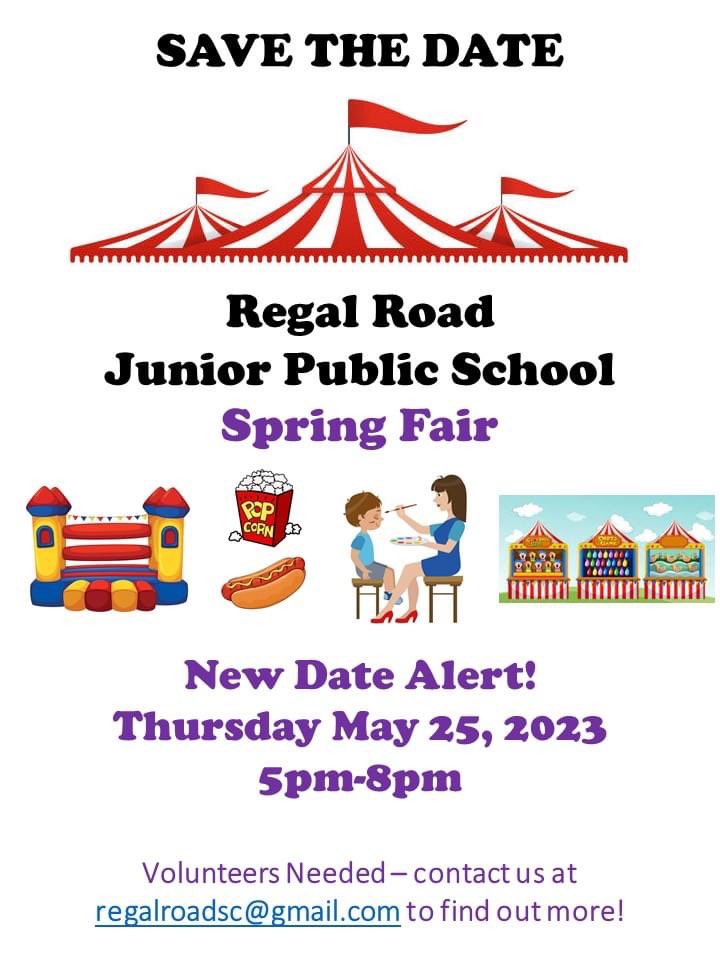 RegalRoadSchool's tweet photo. New Date Alert!  In case you missed it, we have rescheduled our Spring Fair for one week earlier than intended due to some scheduling conflicts.  The new date will be on Thursday May 25 from 5pm-8pm.  We're still looking for volunteers, so please get in touch! https://t.co/0N4WretRgT