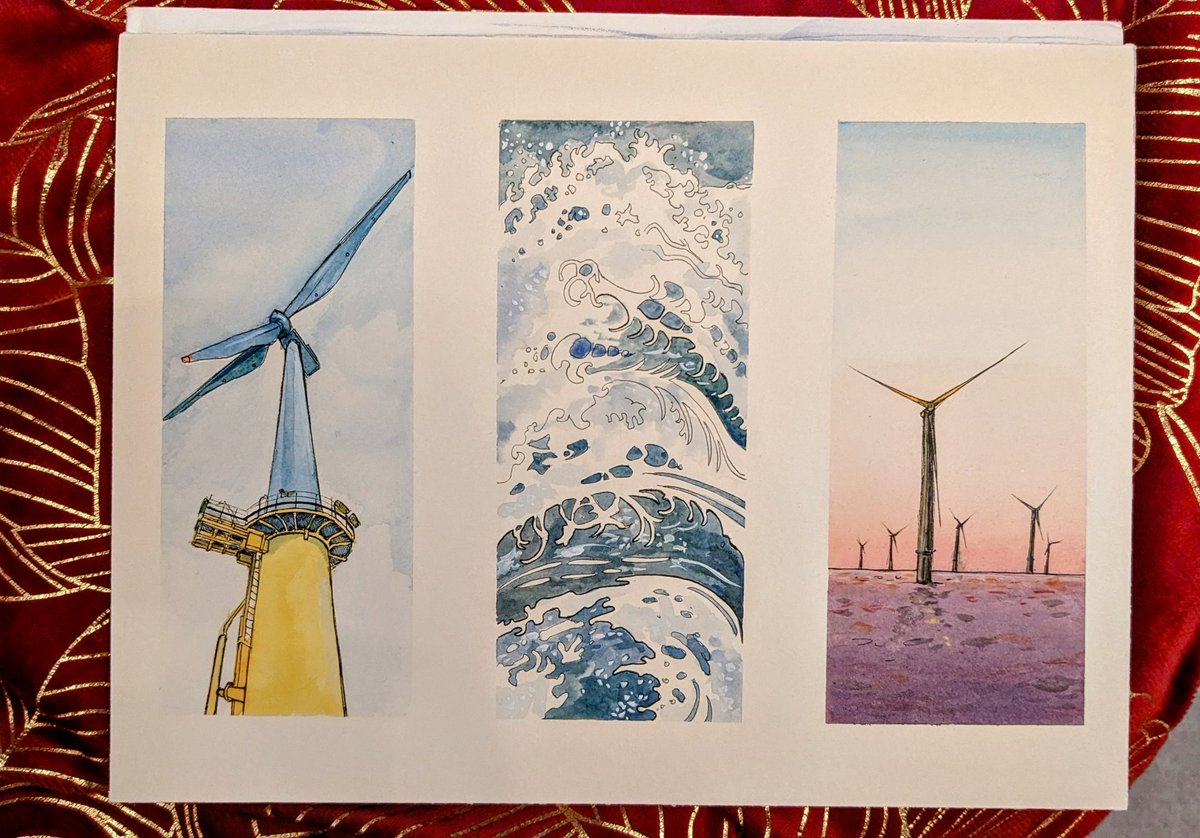 LauraMakesMagic's tweet image. In the interim I've just been using up all my energy on my art course, and I'm really loving it! Yesterday I made these sketches of the wind farm where I live as practice learning watercolours