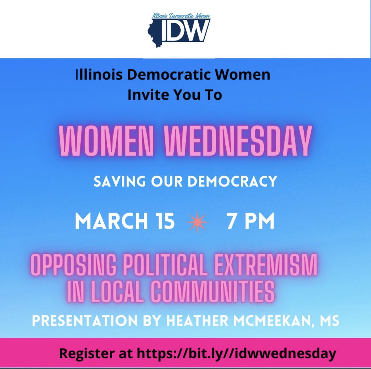 ildemwmn's tweet photo. Illinois Democratic Women Presents: #WomenWednesday “Opposing Political Extremism in Local Communities” w/Organizer & Digital Media Expert Heather McMeekan. 3/15/23, 7pm CST. #twill #OpposingExtremism Register >>> https://t.co/DFBSF6a8bT https://t.co/mPLmg7WSQ1