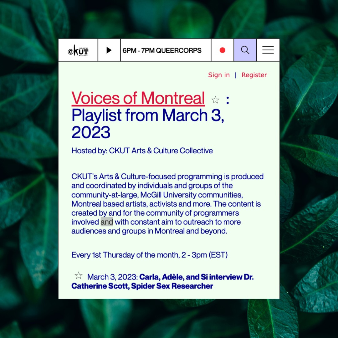 bugsexthedoc's tweet image. On March 3rd,  Montreal-based @ckut 90.3 FM Radio interviewed Dr. Catherine Scott about spiders, turning fear on its head, and Bug Sex.

Let's talk about it.

Download or Listen here: ckut.ca/playlists/show…

#CKUT #Radio #Interview #BugSex #Documentary #Film