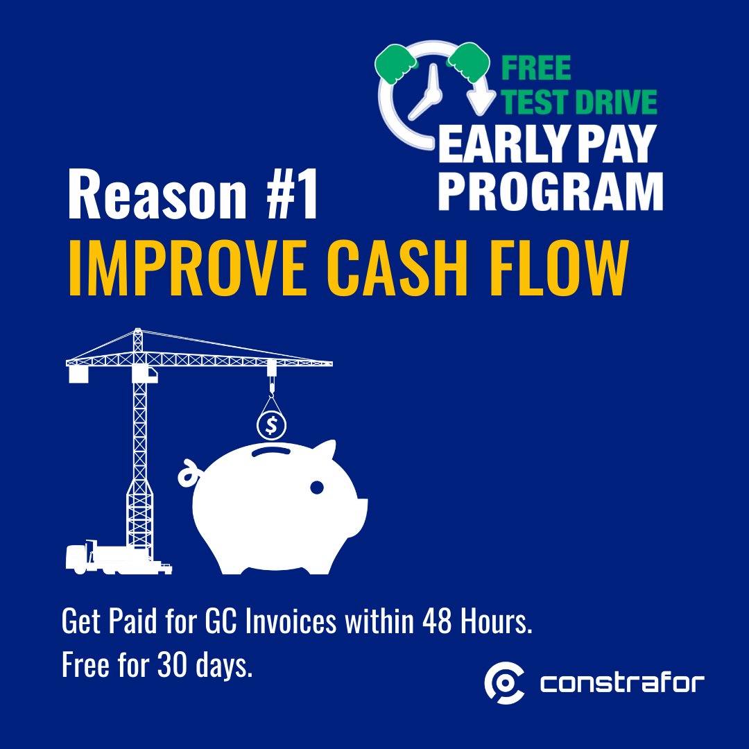 Constrafor's tweet photo. Contractors: Want to get paid in less than 48 hours, with no fees? https://t.co/3Wuj5YyA6Y
Take a Free Test Drive of our Early Payment Program & get paid within 48 hours - hurry, only the first 50 get this offer.
#contractors #construction #constructionfinancials https://t.co/i6DhfU41DU