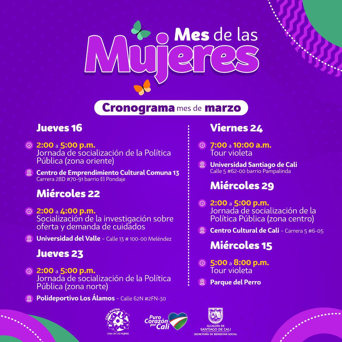 casamatriacali's tweet photo. ¡Marzo con M de Mujer! 💁🏻‍♀️

🎉 Conoce qué hemos preparado para conmemorar el mes de la mujer. 

Actividades y eventos para reflexionar acerca de los retos de la equidad, la inclusión y las medidas de prevención de las violencias basadas en género. 👩‍👧‍👧

#CaliSePintaVioleta💜 ¿y tú? https://t.co/Odw5BBKBPT