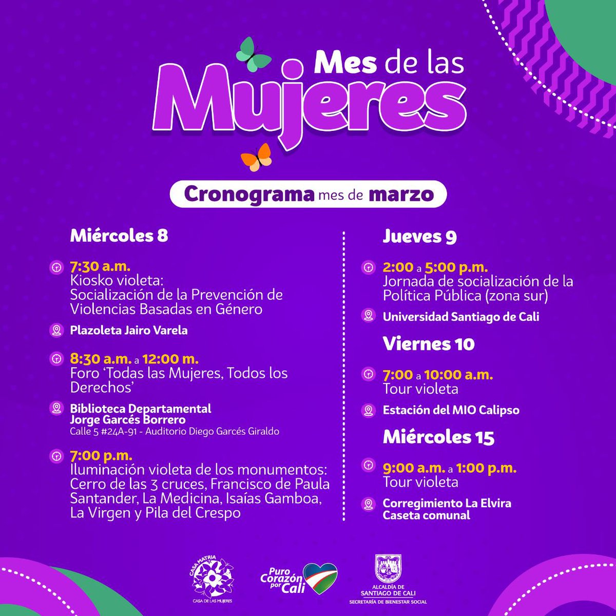 casamatriacali's tweet photo. ¡Marzo con M de Mujer! 💁🏻‍♀️

🎉 Conoce qué hemos preparado para conmemorar el mes de la mujer. 

Actividades y eventos para reflexionar acerca de los retos de la equidad, la inclusión y las medidas de prevención de las violencias basadas en género. 👩‍👧‍👧

#CaliSePintaVioleta💜 ¿y tú? https://t.co/Odw5BBKBPT