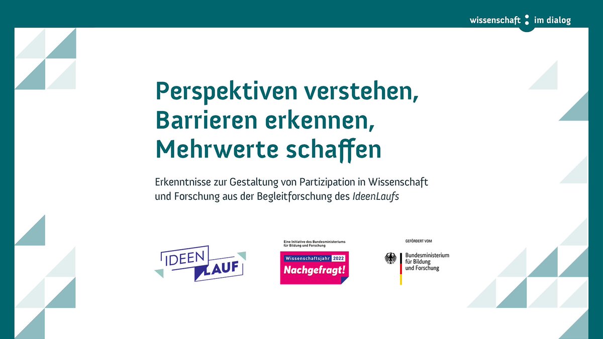 wissimdialog's tweet photo. Die Begleitforschung des #IdeenLauf|s „Perspektiven verstehen, Barrieren erkennen, Mehrwerte schaffen” ist online. @einfachimke zeigt die Erfahrungen der Gremien auf und resümiert Erkenntnisse zur Gestaltung von Partizipation in Wissenschaft und Forschung:
https://t.co/3w7jiCNzjn https://t.co/w8rkdOnj3z
