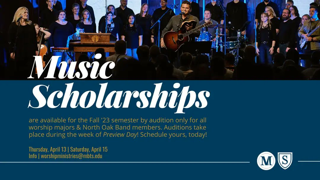 MBTSWorship's tweet photo. NEW | Music scholarships are available for worship majors & members of our North Oak Collective worship team.
Auditions held around #PreviewDay @MBTS & @SpurgeonColl.
Email: worshipministries@mbts.edu for an application file, available March 13, & get scheduled!
#togetherFTC https://t.co/088z7brBwt