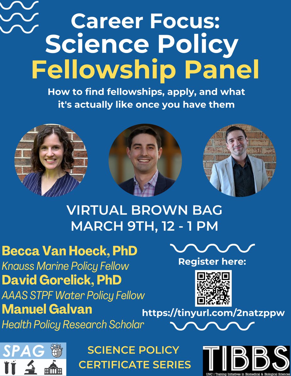 UNC_SPAG's tweet photo. Have you heard of science policy fellowships? Join SPAG and our speakers (two are former alumni!) to hear about their firsthand experiences with several different sci pol fellowships! Register here: https://t.co/8VzHKMJut5 https://t.co/wGXby41wpk