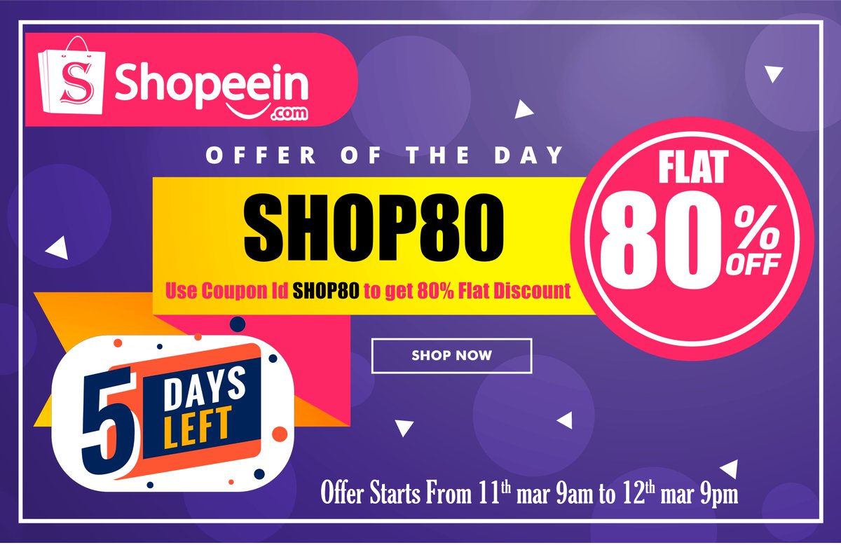 ShopeeinCom's tweet photo. https://t.co/XW9m72fM1M offer of the day
Use Coupon ID:SHOP80 to get 80% flat discount
Offer starts from 11th Mar 9 a.m to 12th mar 9 p.m.
📦4 Hours Delivery
💰Get 10 Shopeein coins for every purchase
🔁7 Days Return &amp; Refund
🔐Secure Payment
🎁Free Gift for every purchase https://t.co/OH3hyPPRcu