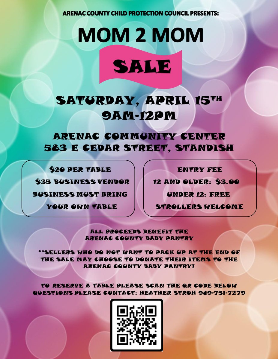 BAGreatStart's tweet photo. MOM 2 MOM SALE at the Arenac Community Center in #standishmi on April 15 at 9 AM - 12 PM. https://t.co/5ipINTQ0tH