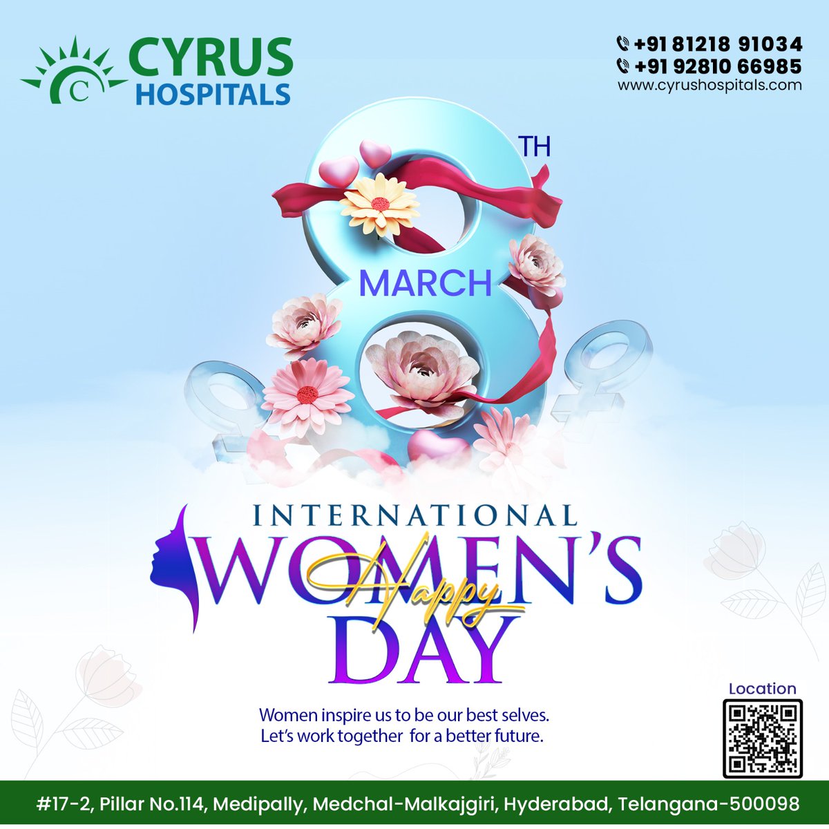 CyrusHospital's tweet photo. To all the incredible women – keep being bold, keep being brave, and keep changing the world. 
Happy International Women's Day!
#cyrushospitals #medchal #womensday #womensdayspecial https://t.co/HrCLeyAbg6